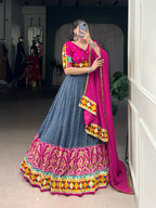 Lorenvalley Fashion Blue Tasar Silk Print with Foil Work and Real Mirror Gamthi Work with Lace Touch Up Lehenga Choli with Dupatta