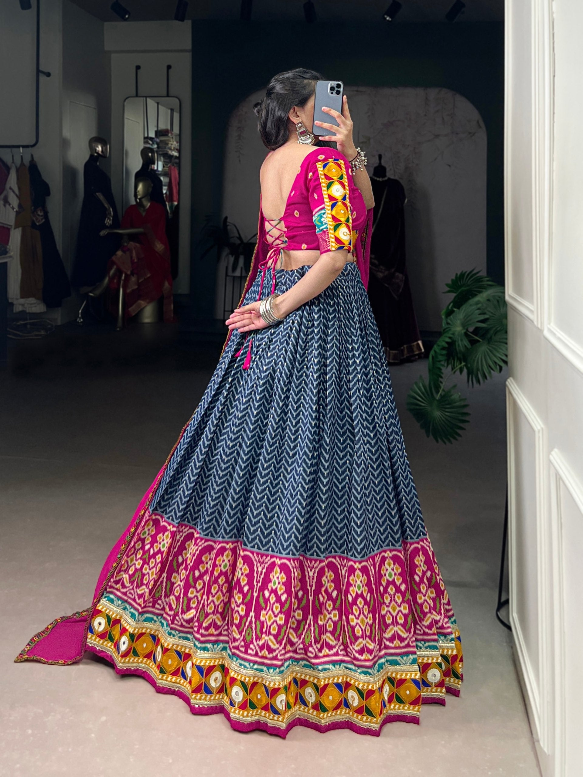 Lorenvalley Fashion Blue Tasar Silk Print with Foil Work and Real Mirror Gamthi Work with Lace Touch Up Lehenga Choli with Dupatta