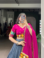 Lorenvalley Fashion Blue Tasar Silk Print with Foil Work and Real Mirror Gamthi Work with Lace Touch Up Lehenga Choli with Dupatta