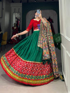 Lorenvalley Green Dola Silk Printed With Foil Work And Original Mirror Gamthi Lace Touch Up Lehenga Choli with Dupatta