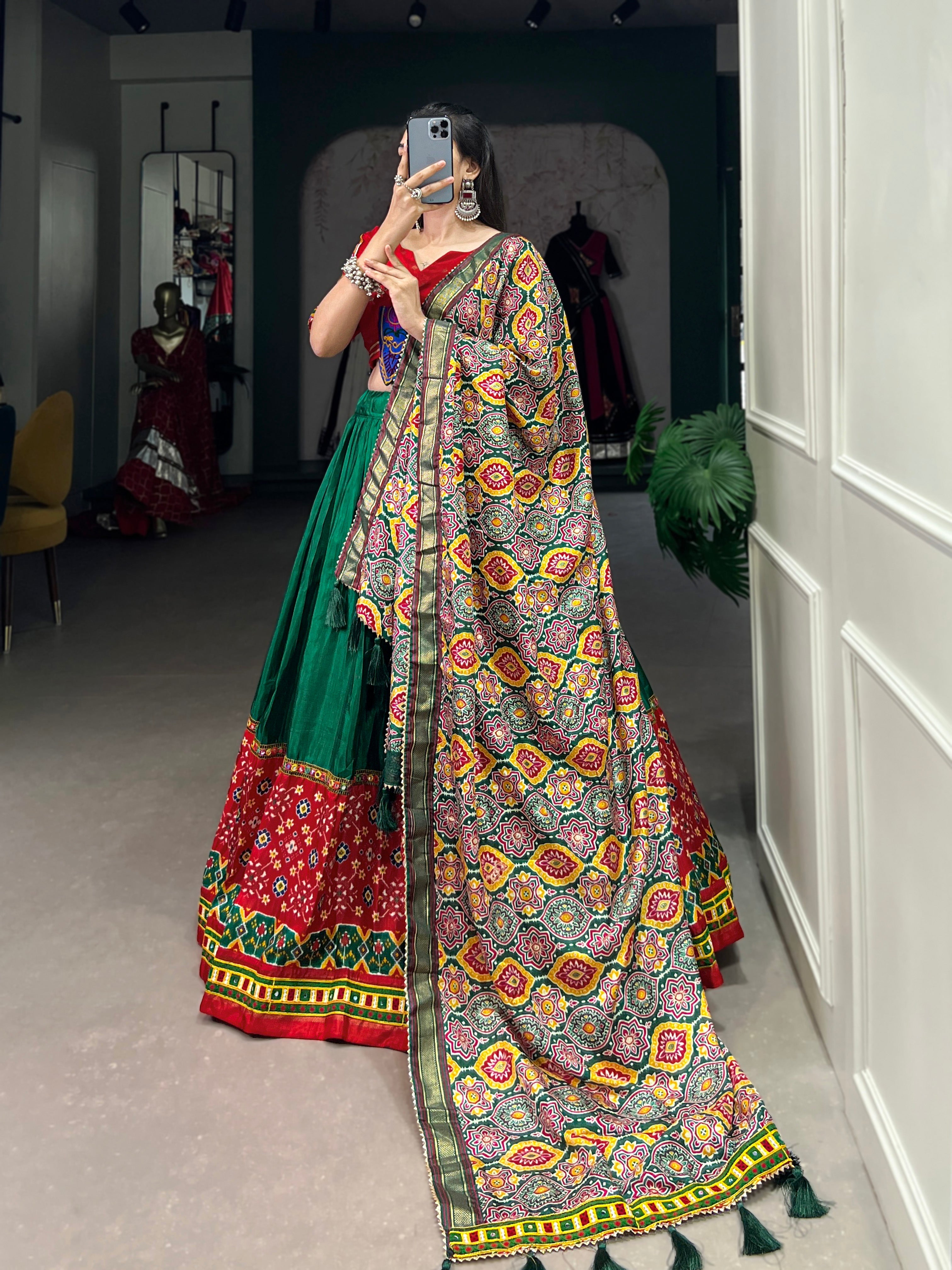 Lorenvalley Green Dola Silk Printed With Foil Work And Original Mirror Gamthi Lace Touch Up Lehenga Choli with Dupatta