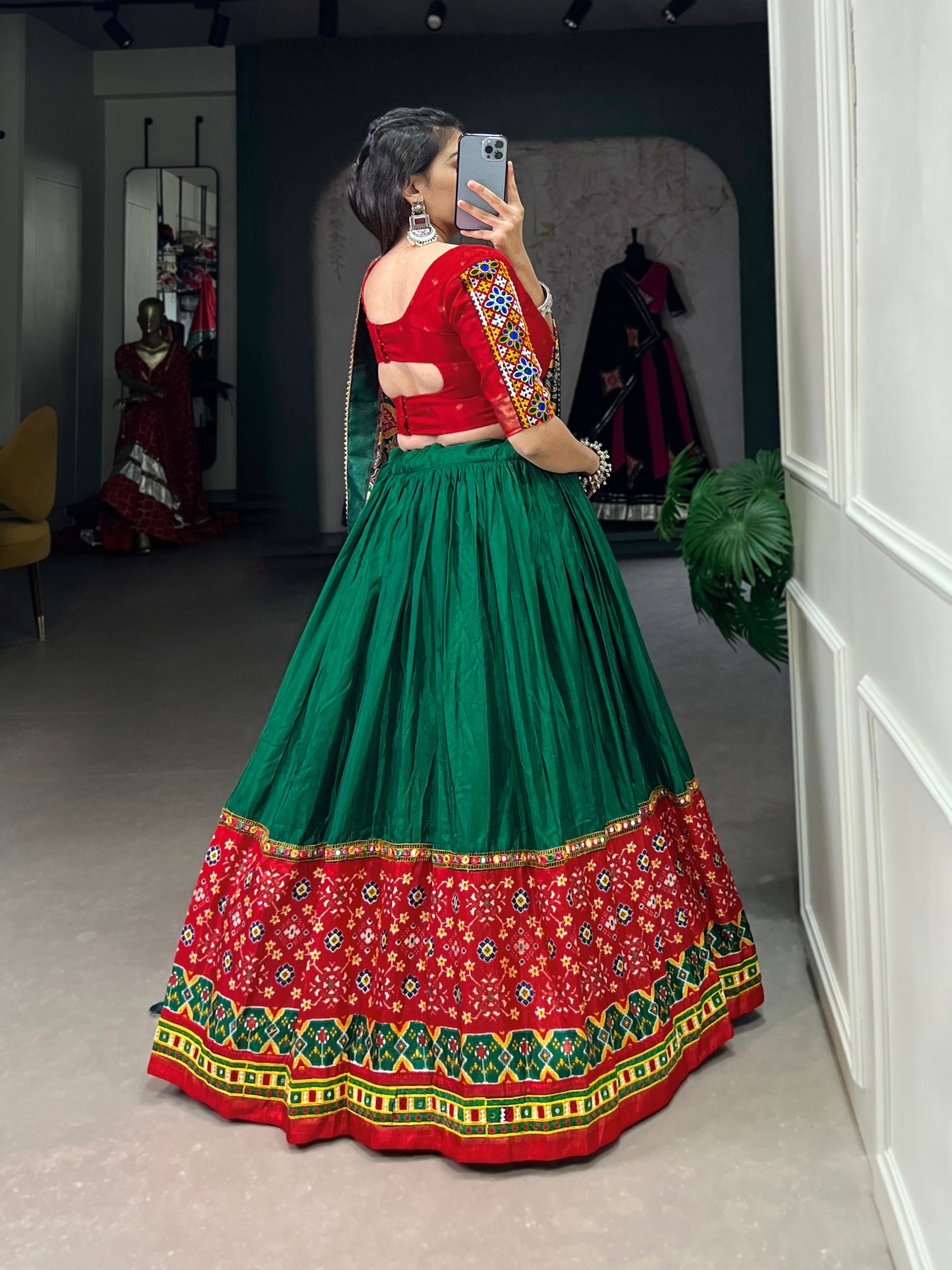 Lorenvalley Green Dola Silk Printed With Foil Work And Original Mirror Gamthi Lace Touch Up Lehenga Choli with Dupatta