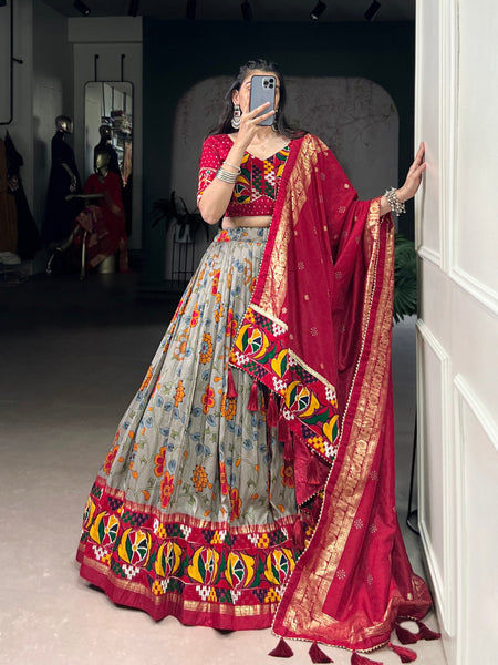Lorenvalley Fashion Grey Tasar Silk Print with Foil Work and Real Mirror Gamthi Work with Lace Touch Up Lehenga Choli with Dupatta