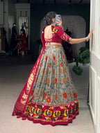 Lorenvalley Fashion Grey Tasar Silk Print with Foil Work and Real Mirror Gamthi Work with Lace Touch Up Lehenga Choli with Dupatta