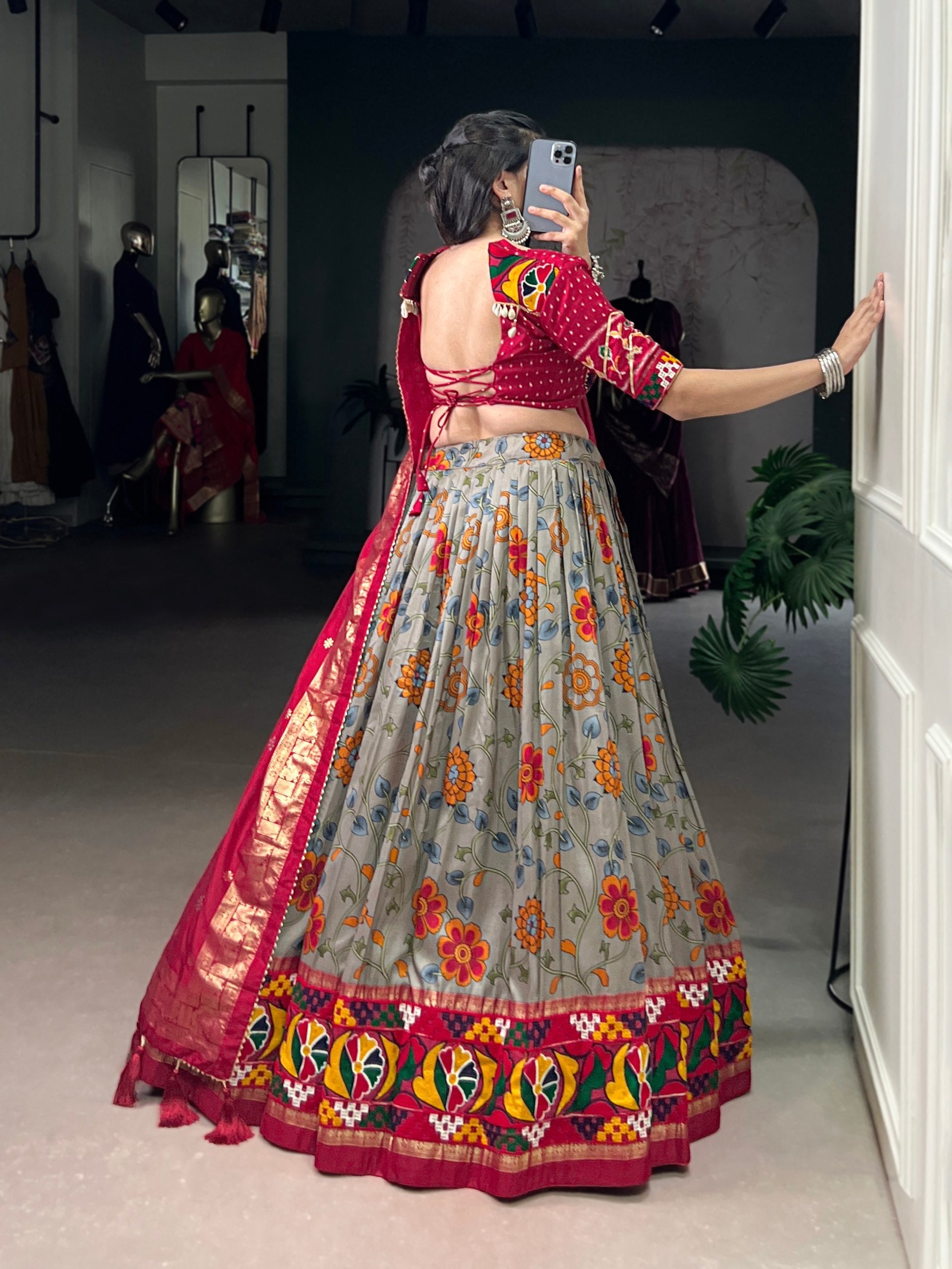 Lorenvalley Fashion Grey Tasar Silk Print with Foil Work and Real Mirror Gamthi Work with Lace Touch Up Lehenga Choli with Dupatta
