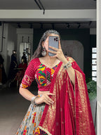 Lorenvalley Fashion Grey Tasar Silk Print with Foil Work and Real Mirror Gamthi Work with Lace Touch Up Lehenga Choli with Dupatta