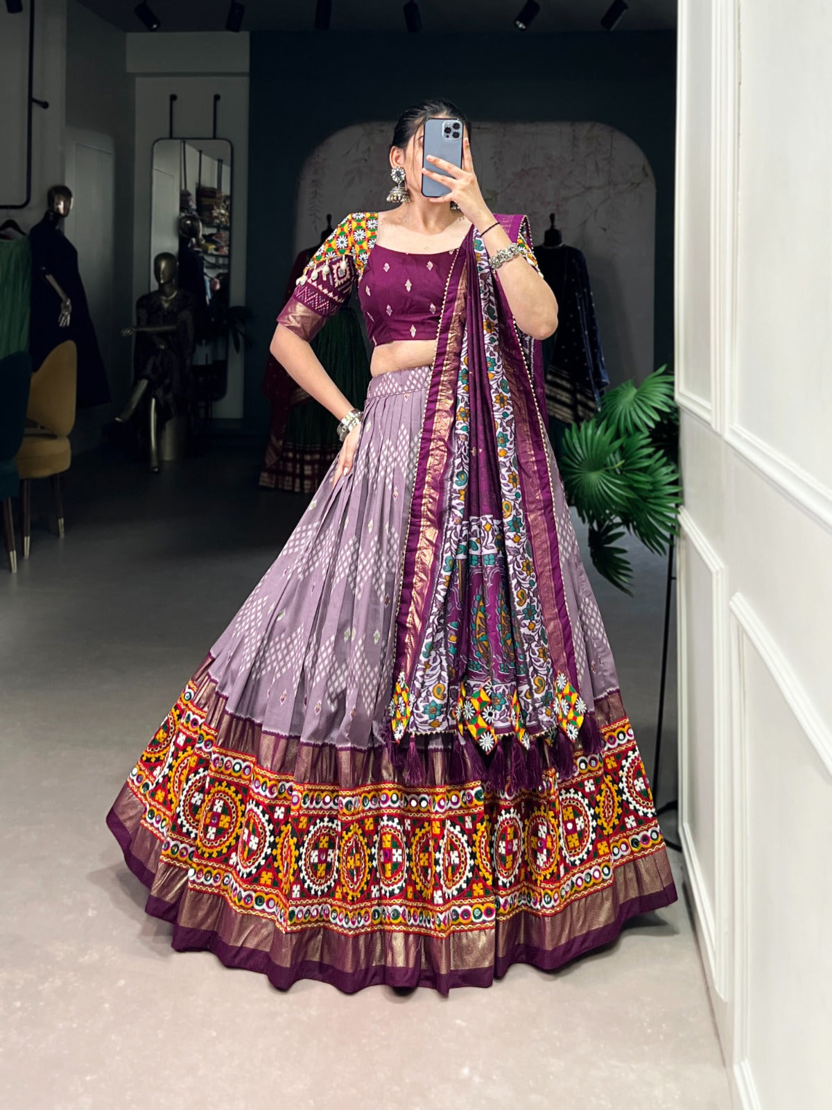 Lorenvalley Wine Tussar Silk Dot and Ikkat Print with Mirror Gamthi Work and Foil Work Lehenga Choli with Dupatta