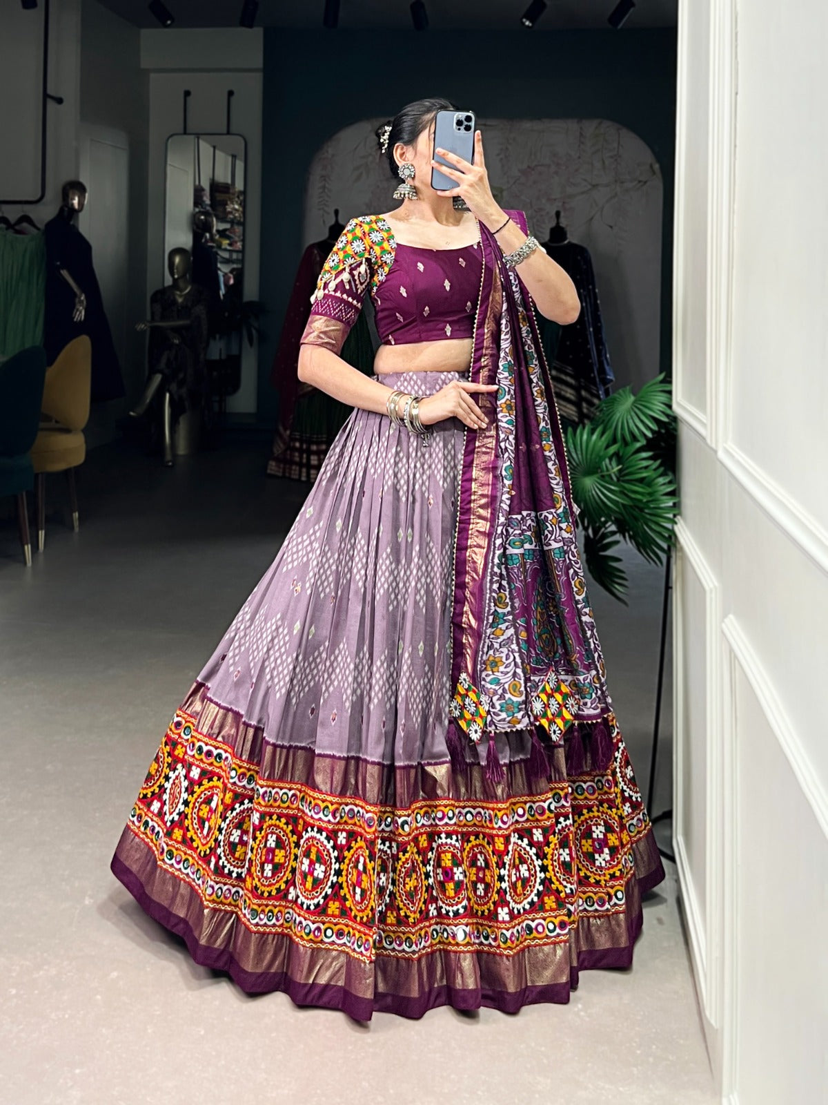 Lorenvalley Wine Tussar Silk Dot and Ikkat Print with Mirror Gamthi Work and Foil Work Lehenga Choli with Dupatta