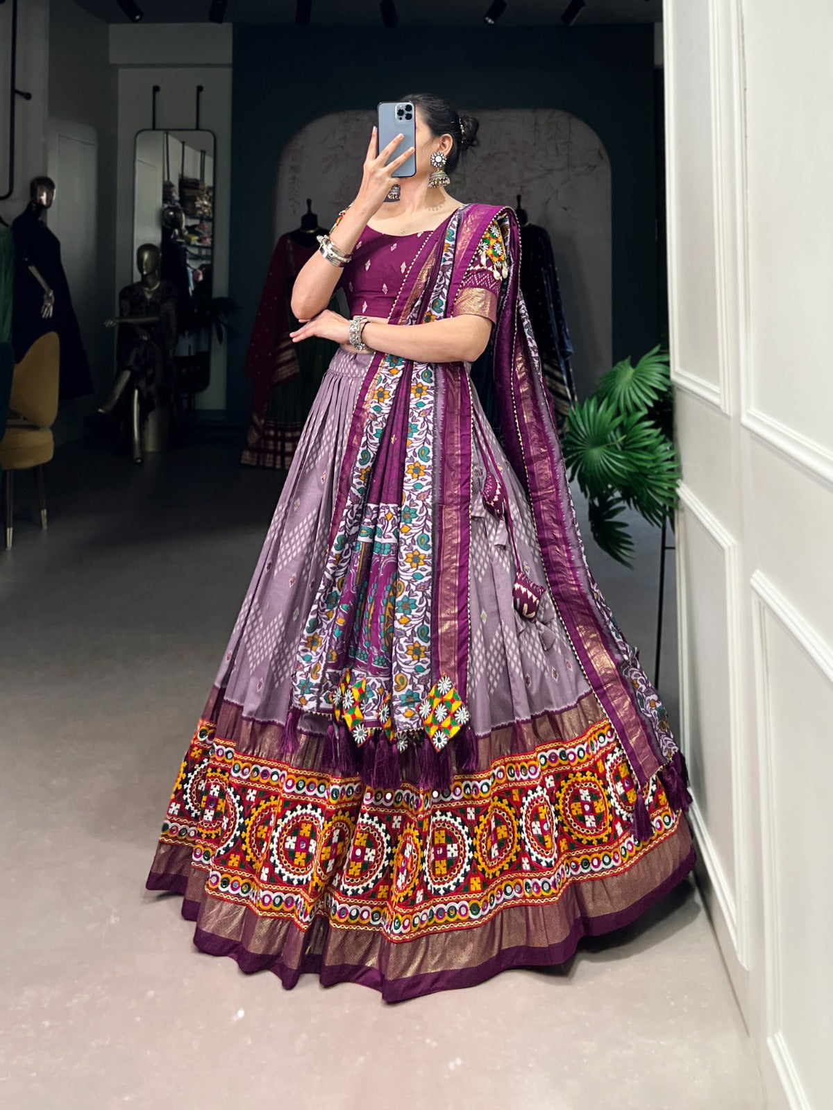 Lorenvalley Wine Tussar Silk Dot and Ikkat Print with Mirror Gamthi Work and Foil Work Lehenga Choli with Dupatta