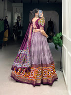 Lorenvalley Wine Tussar Silk Dot and Ikkat Print with Mirror Gamthi Work and Foil Work Lehenga Choli with Dupatta
