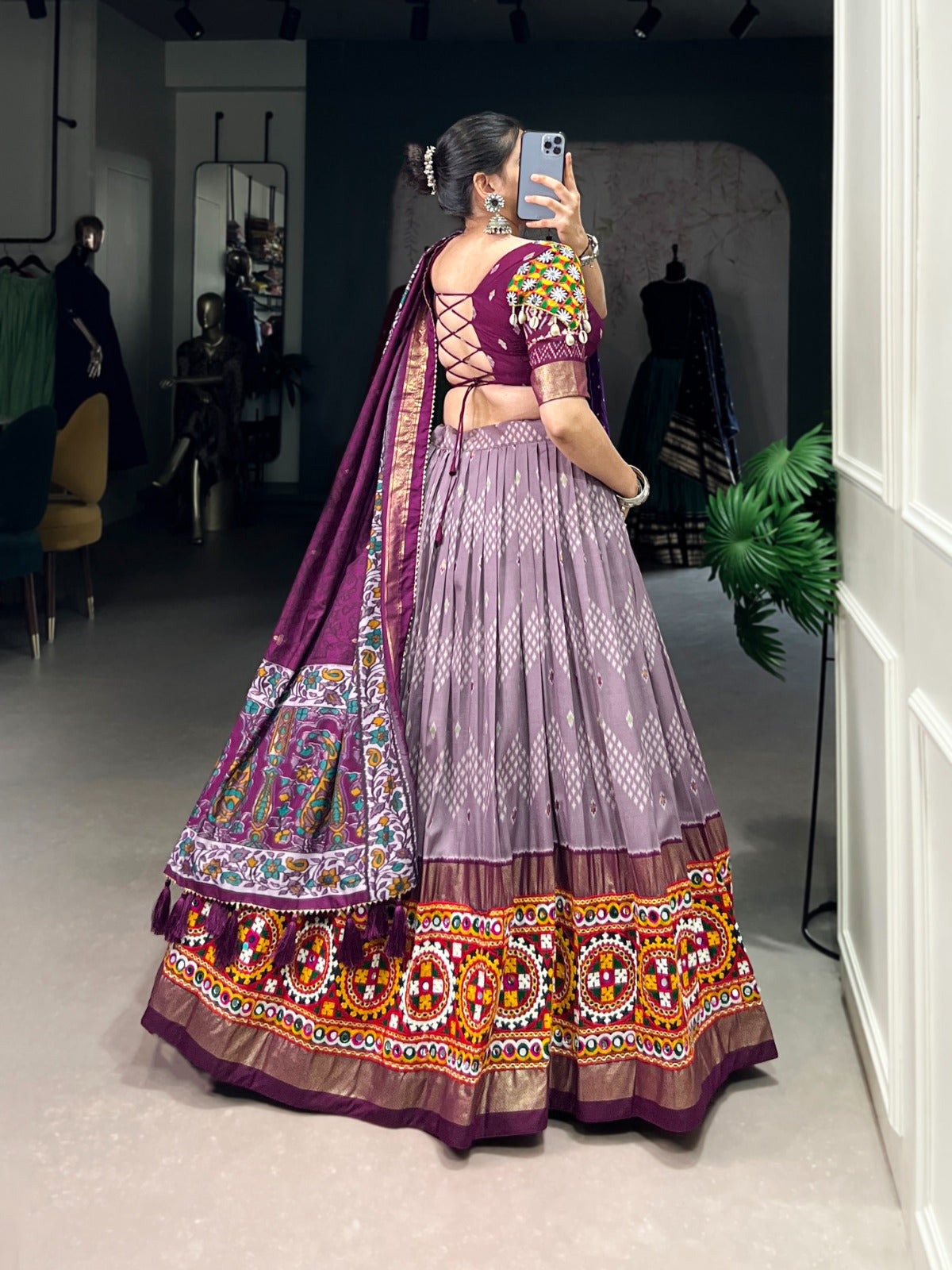 Lorenvalley Wine Tussar Silk Dot and Ikkat Print with Mirror Gamthi Work and Foil Work Lehenga Choli with Dupatta