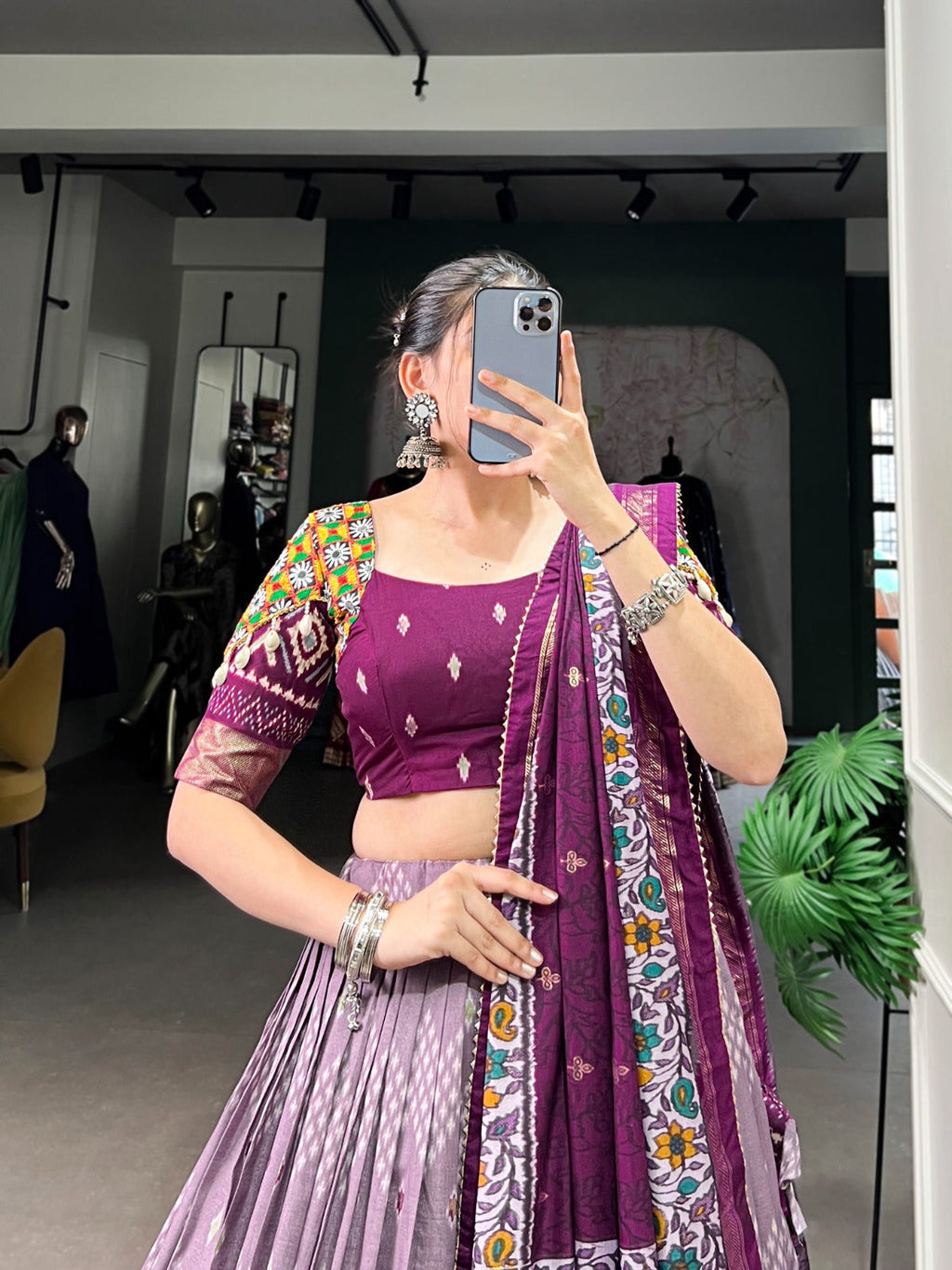 Lorenvalley Wine Tussar Silk Dot and Ikkat Print with Mirror Gamthi Work and Foil Work Lehenga Choli with Dupatta
