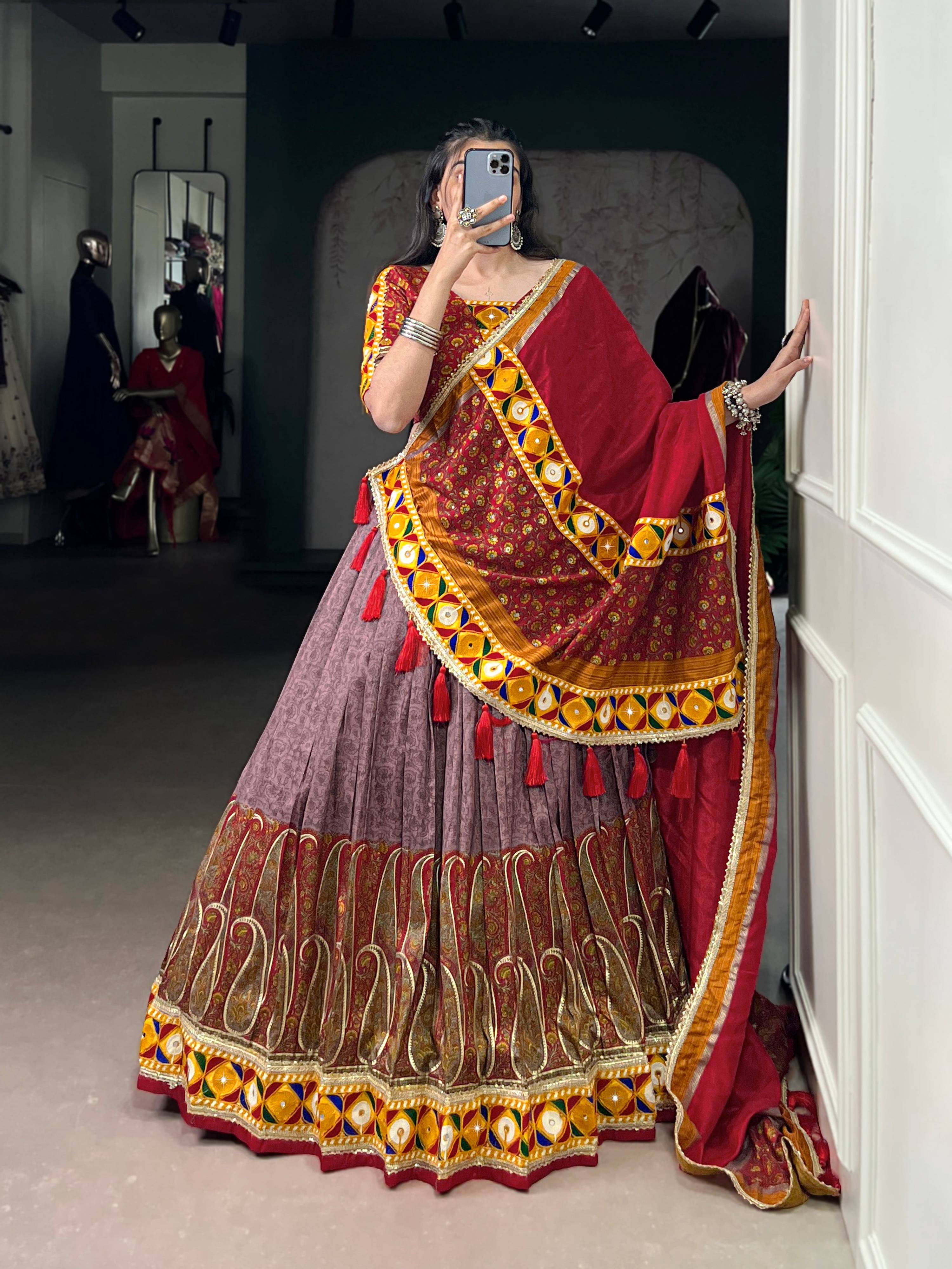 Lorenvalley Fashion Tasar Silk Kashmiri Print With Foil Print And Original Mirror Gamthi work Lehenga Choli with Dupatta