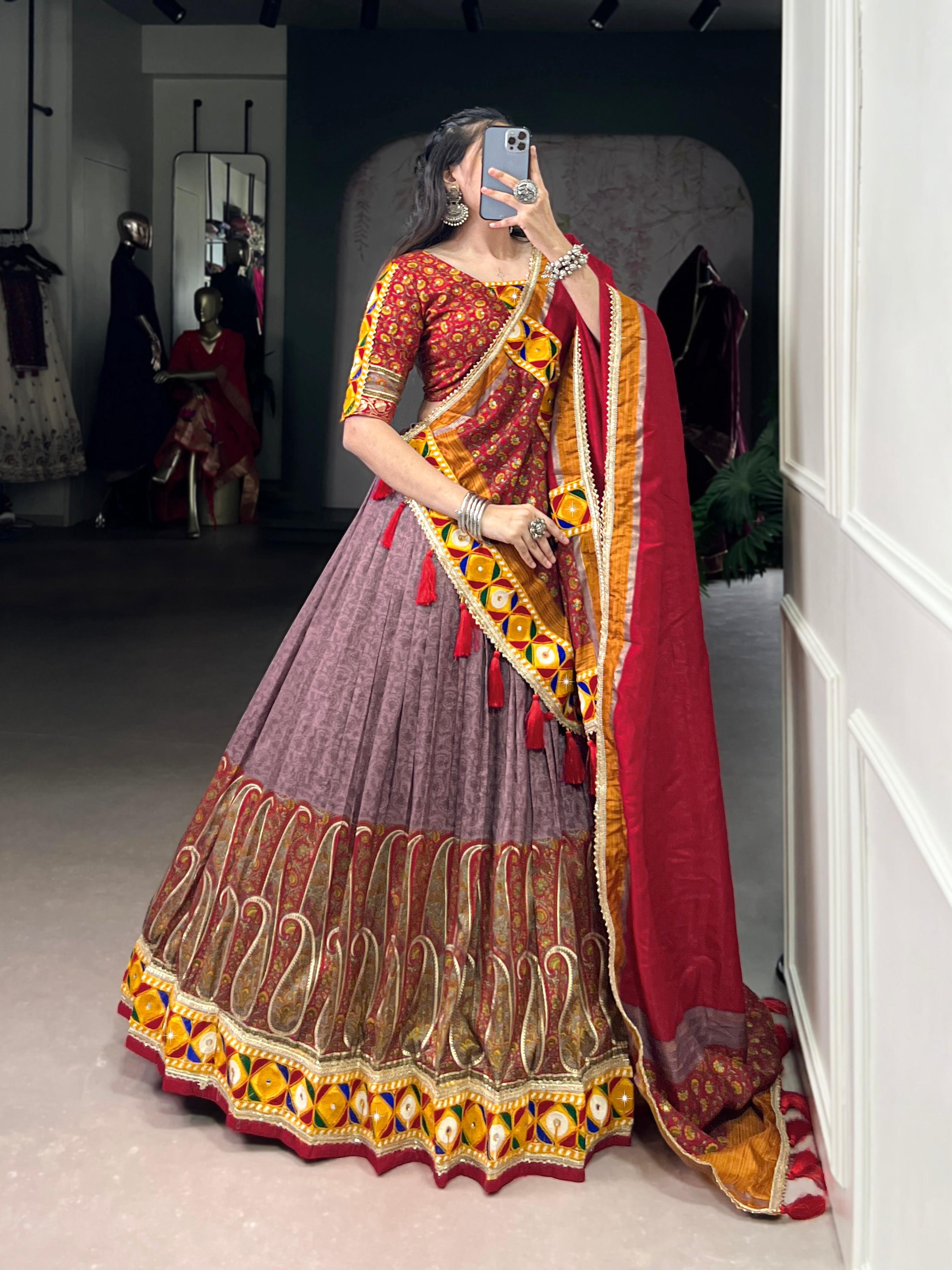 Lorenvalley Fashion Tasar Silk Kashmiri Print With Foil Print And Original Mirror Gamthi work Lehenga Choli with Dupatta