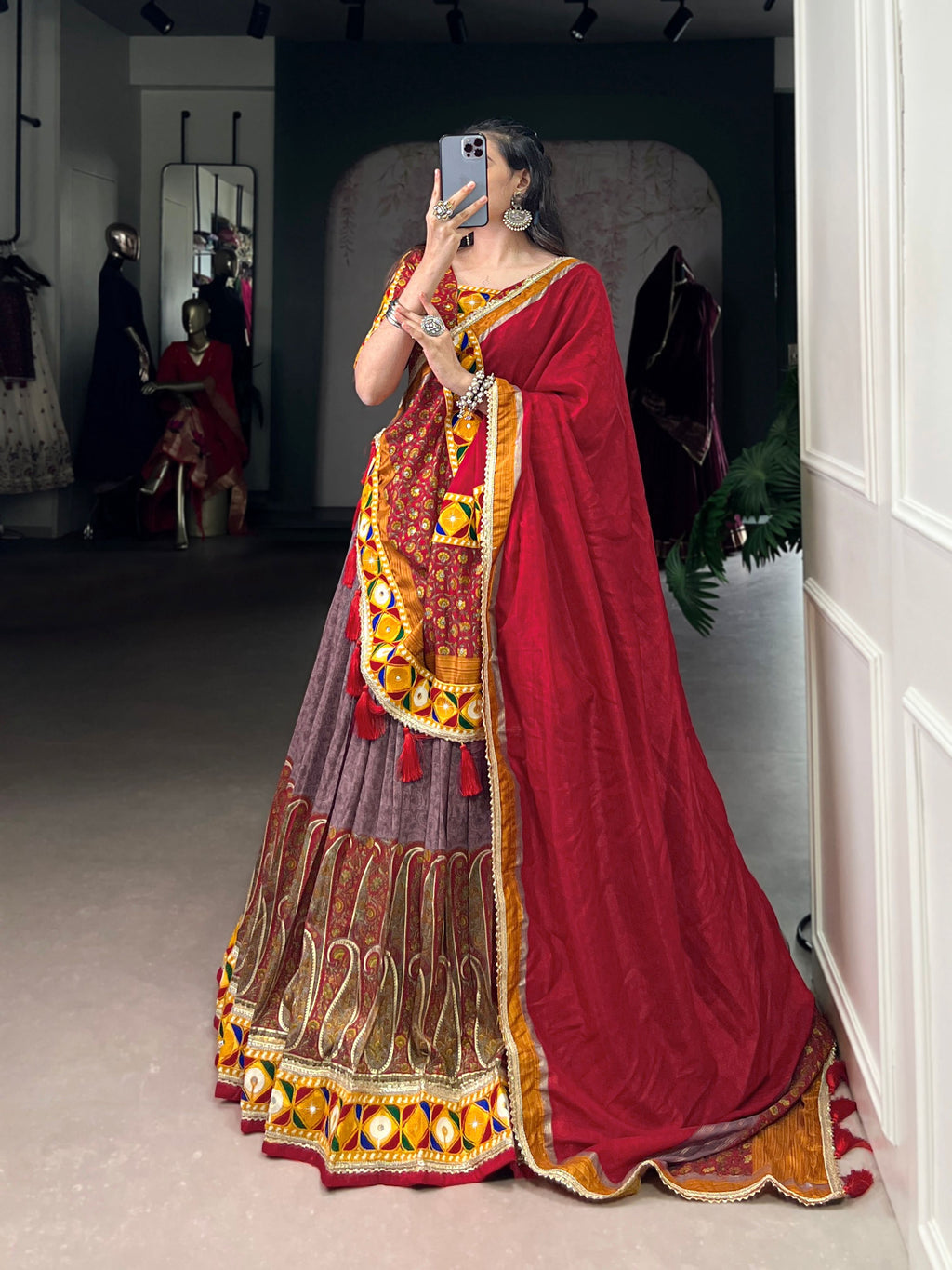 Lorenvalley Fashion Tasar Silk Kashmiri Print With Foil Print And Original Mirror Gamthi work Lehenga Choli with Dupatta
