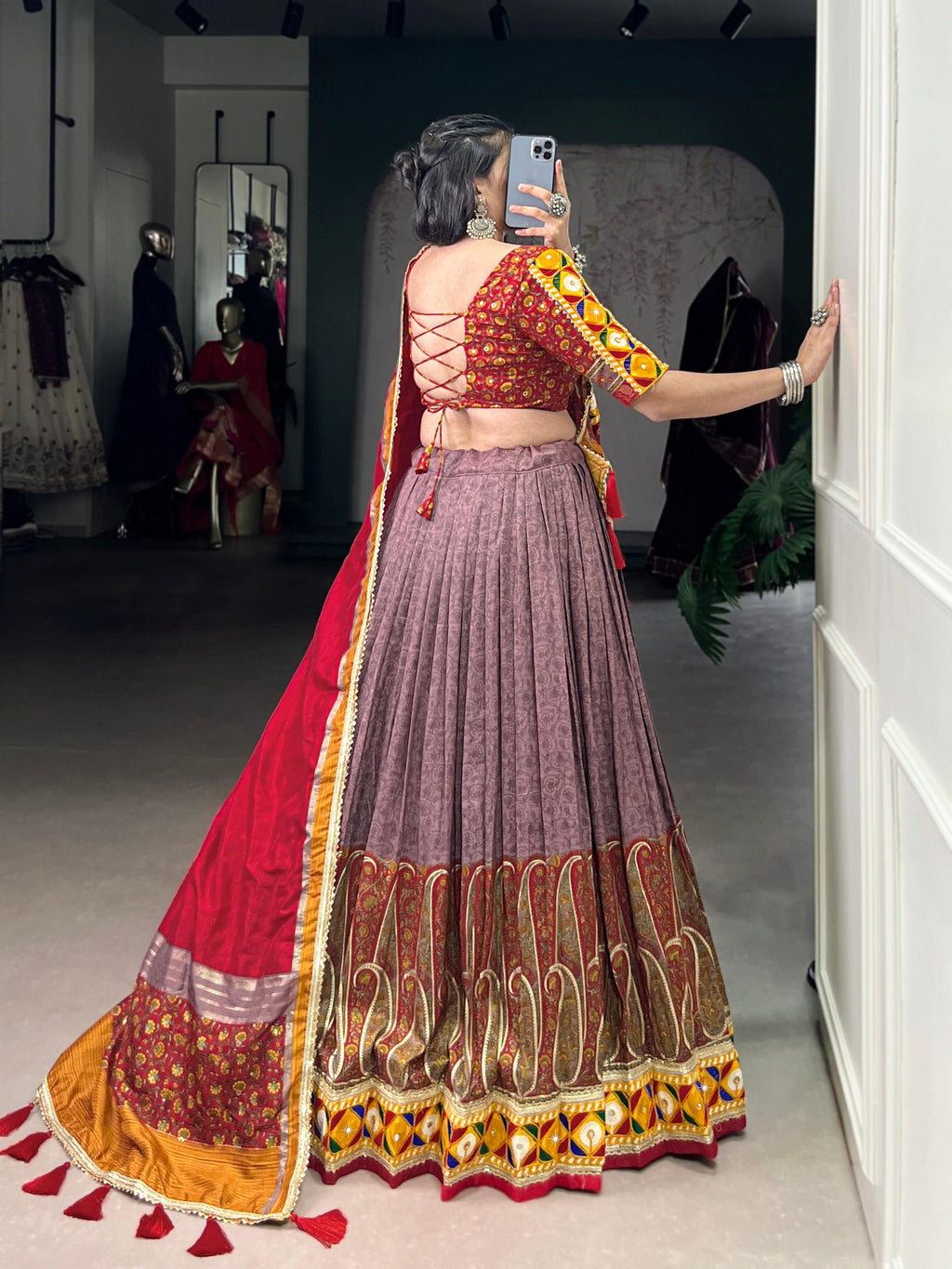 Lorenvalley Fashion Tasar Silk Kashmiri Print With Foil Print And Original Mirror Gamthi work Lehenga Choli with Dupatta