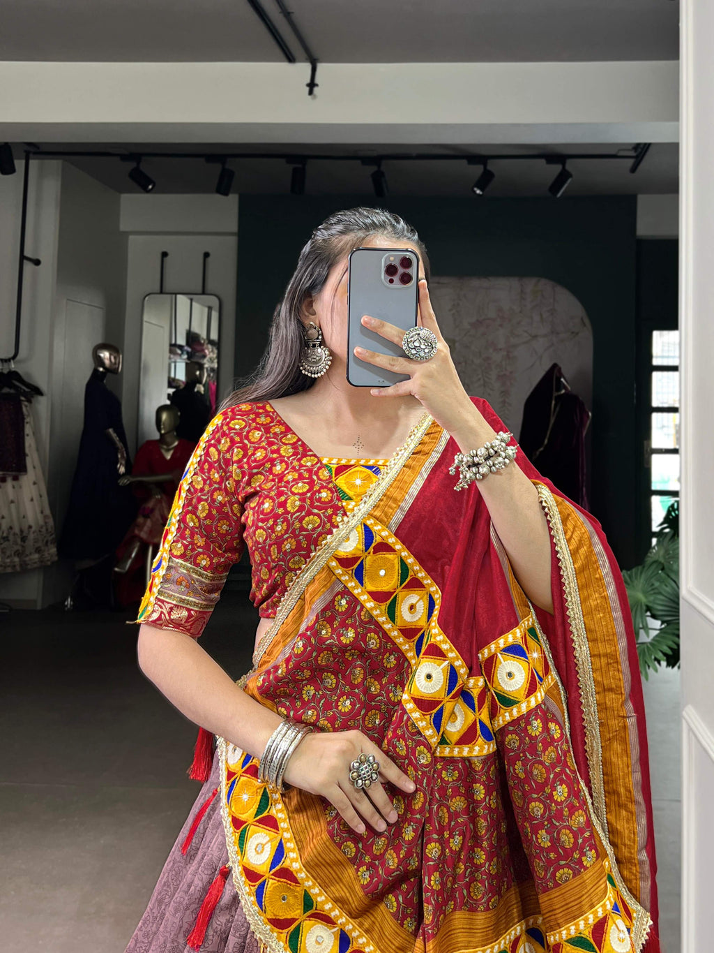 Lorenvalley Fashion Tasar Silk Kashmiri Print With Foil Print And Original Mirror Gamthi work Lehenga Choli with Dupatta