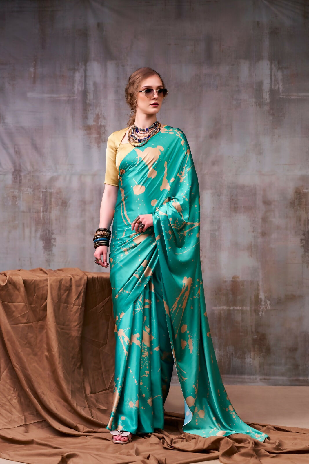 Vastranavya Sea Blue Satin Silk Printed Saree with a Natural Silk Unstitched Blouse - Distacart