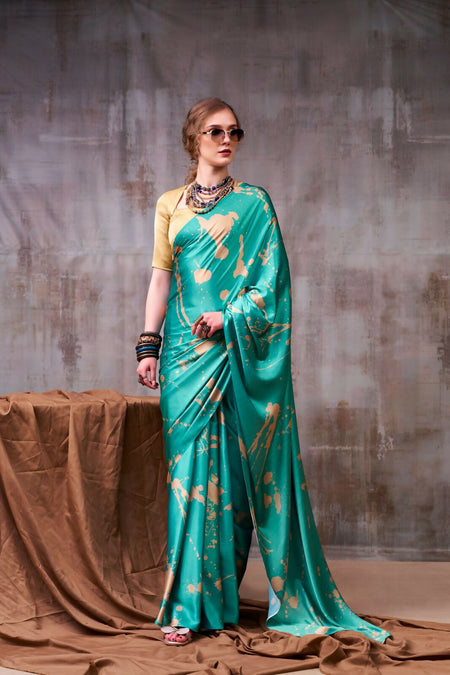 Vastranavya Sea Blue Satin Silk Printed Saree with a Natural Silk Unstitched Blouse
