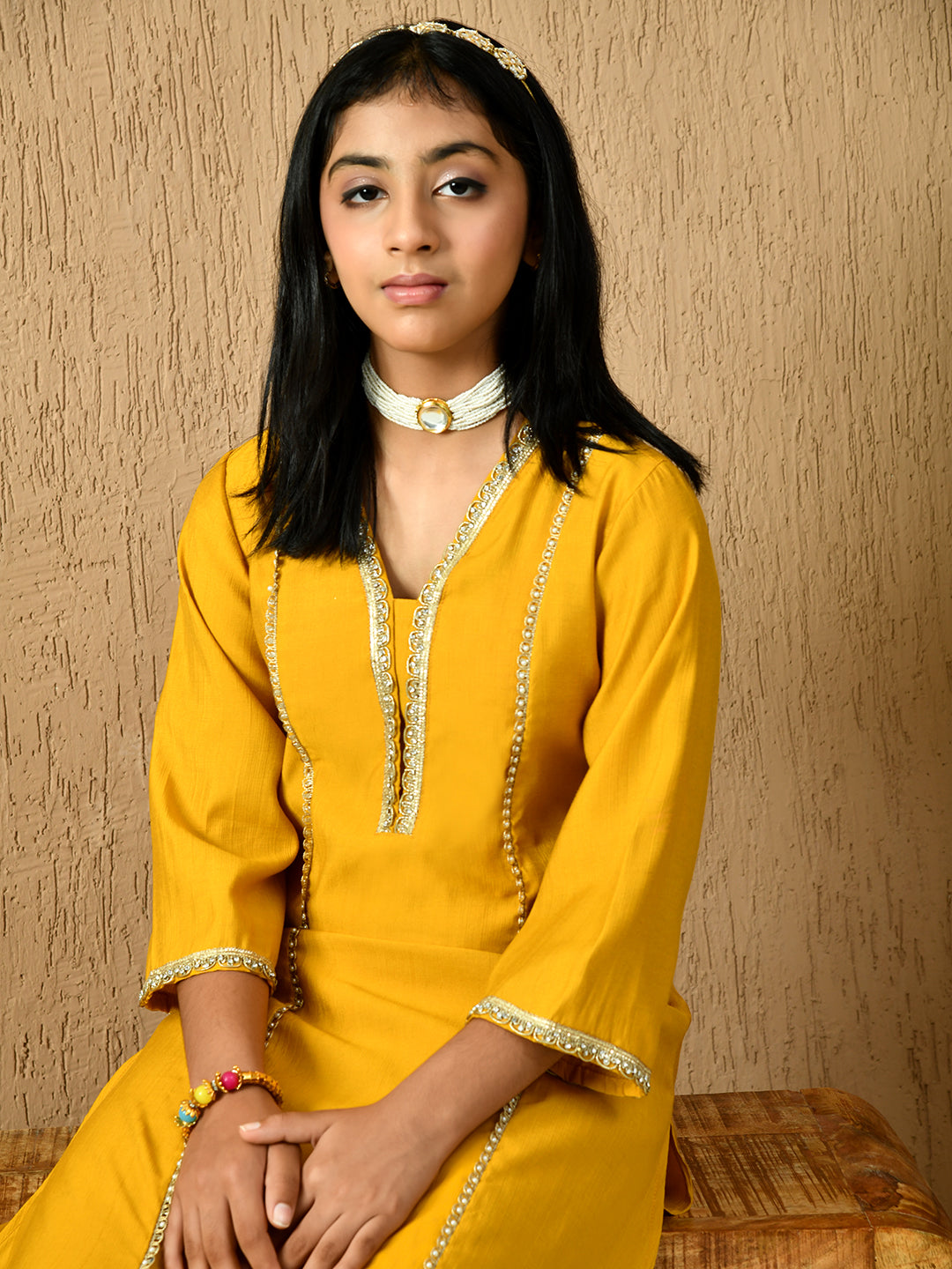 Myshka Kids Girls Calf length Embellished Kurta Set Mustard Color