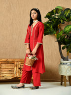 Myshka Kids Girls Calf length Embellished Kurta Set Red Color