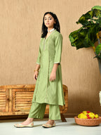Myshka Kids Girls Calf length Embellished Kurta Set Olive Color