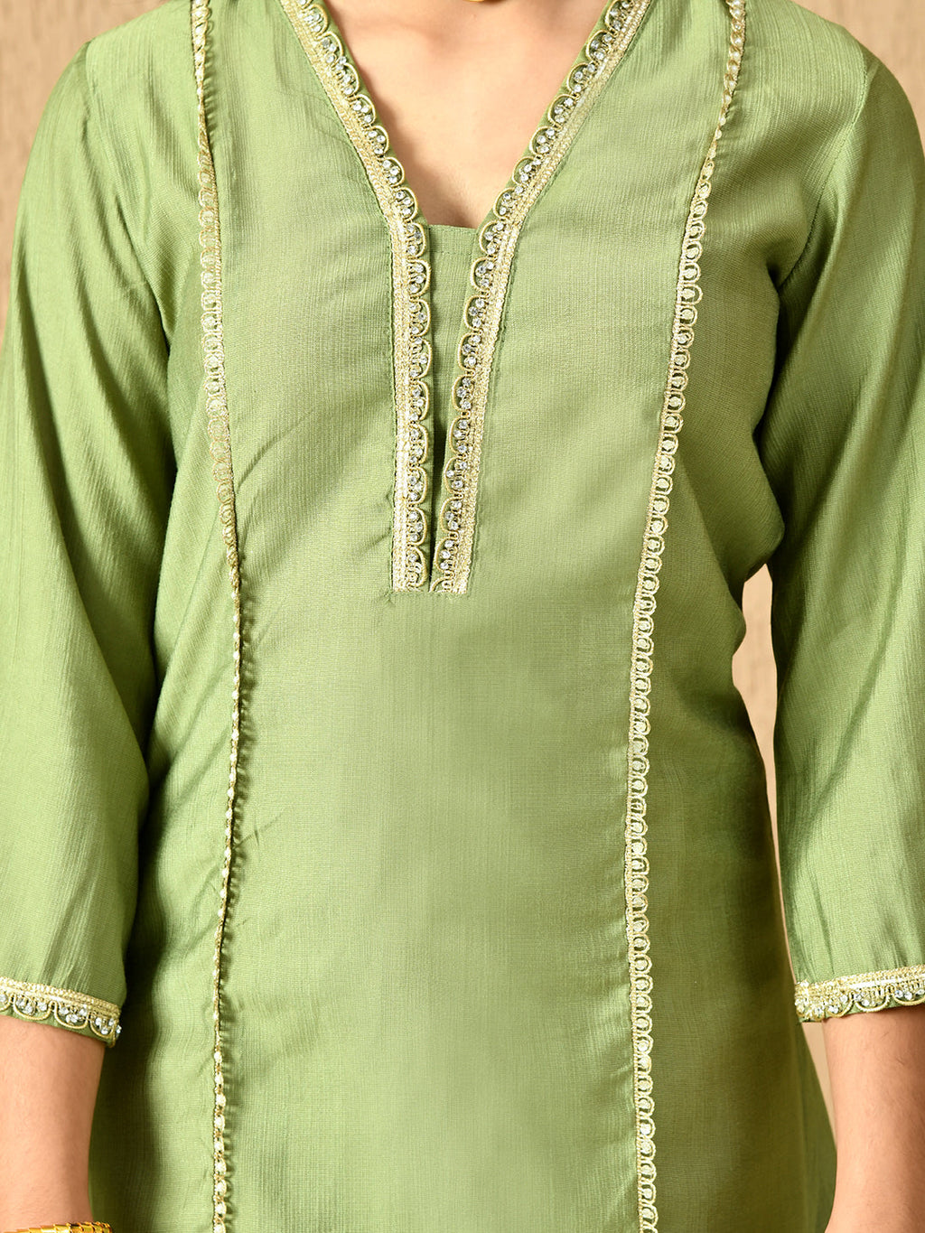 Myshka Kids Girls Calf length Embellished Kurta Set Olive Color