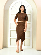 Myshka Girls Brown Solid Polyester Top With Skirt
