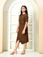 Myshka Girls Brown Solid Polyester Top With Skirt
