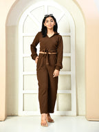 Myshka Girls Brown Solid Polyester Top With Trouser