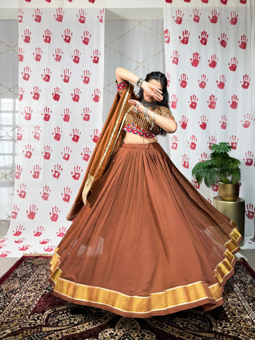 Lorenvalley Brown Pure Chanderi Zari Weaving Work With Gotta Patti Lace Touch Up Lehenga Choli with Dupatta