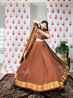Lorenvalley Brown Pure Chanderi Zari Weaving Work With Gotta Patti Lace Touch Up Lehenga Choli with Dupatta