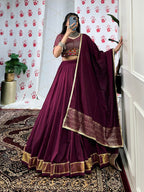 Lorenvalley Wine Pure Chanderi Zari Weaving Work With Gotta Patti Lace Touch Up Lehenga Choli with Dupatta