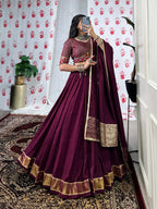 Lorenvalley Wine Pure Chanderi Zari Weaving Work With Gotta Patti Lace Touch Up Lehenga Choli with Dupatta