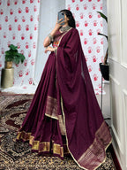 Lorenvalley Wine Pure Chanderi Zari Weaving Work With Gotta Patti Lace Touch Up Lehenga Choli with Dupatta