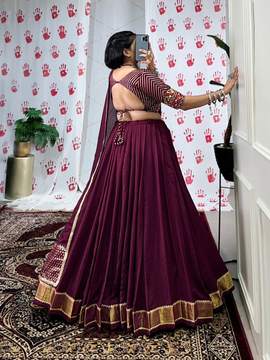 Lorenvalley Wine Pure Chanderi Zari Weaving Work With Gotta Patti Lace Touch Up Lehenga Choli with Dupatta