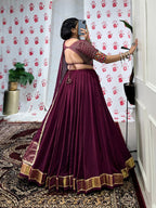 Lorenvalley Wine Pure Chanderi Zari Weaving Work With Gotta Patti Lace Touch Up Lehenga Choli with Dupatta