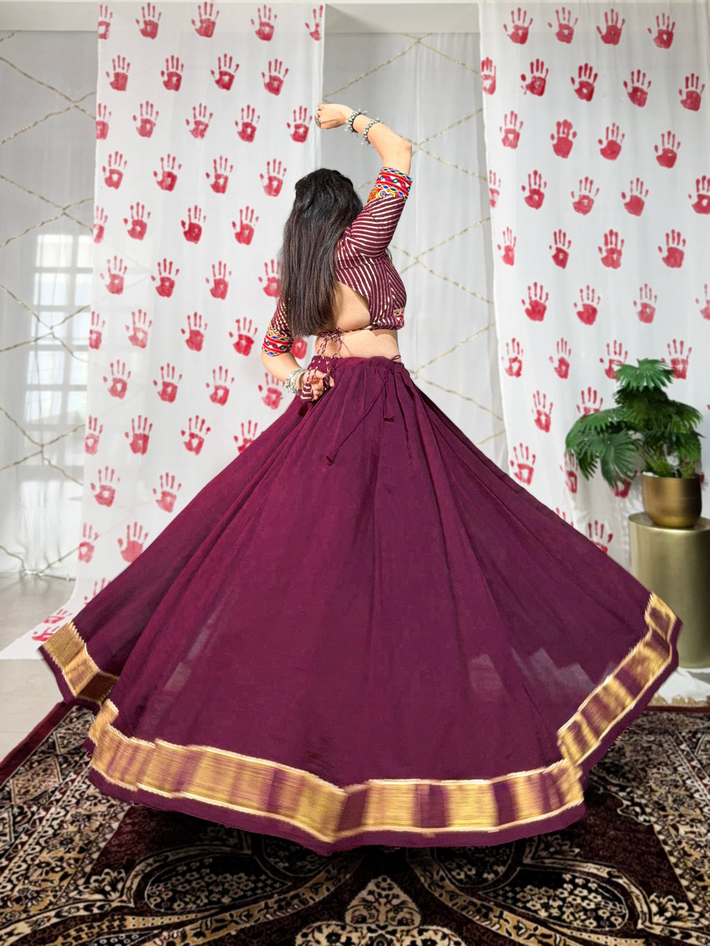 Lorenvalley Wine Pure Chanderi Zari Weaving Work With Gotta Patti Lace Touch Up Lehenga Choli with Dupatta