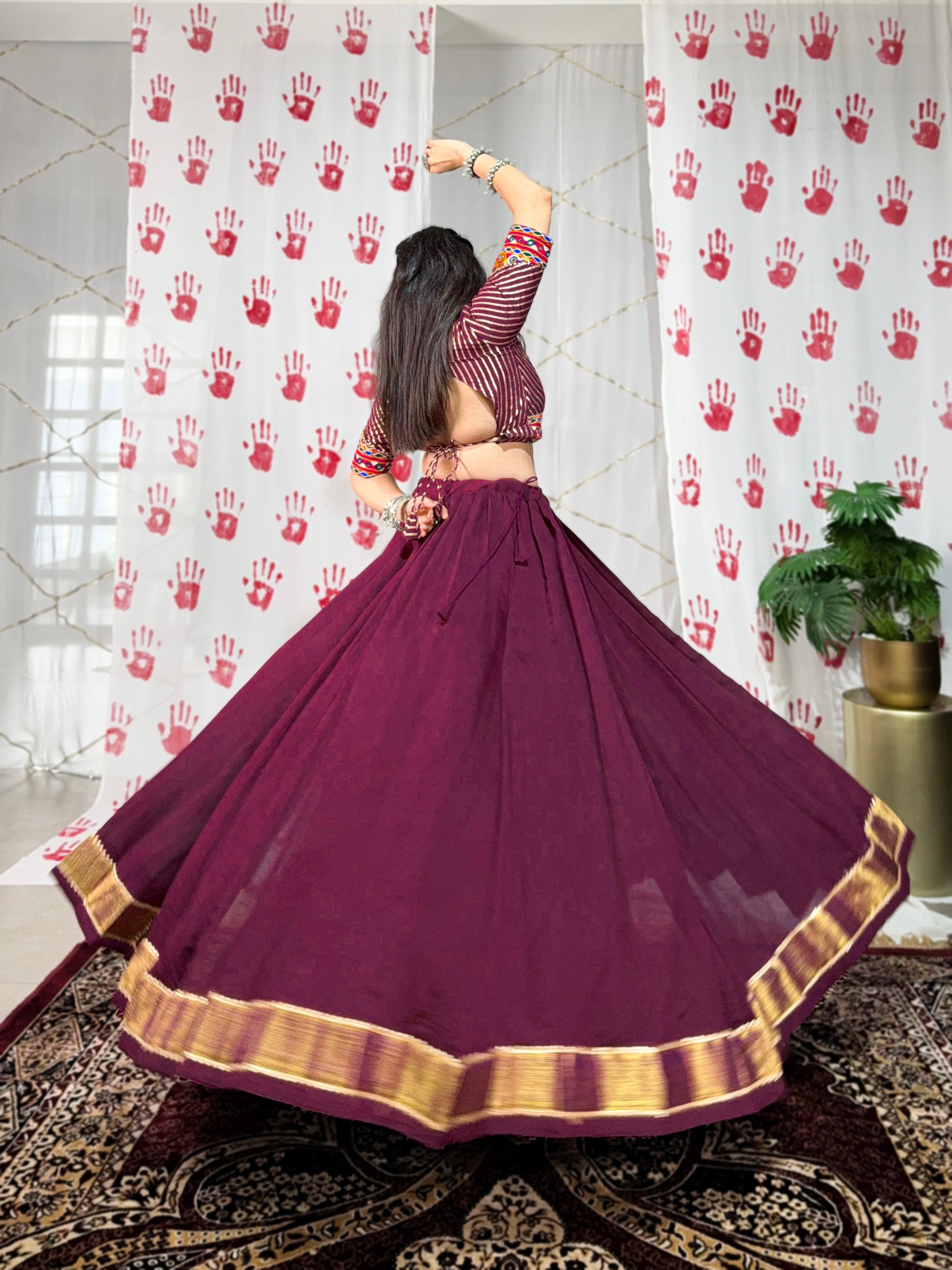 Lorenvalley Wine Pure Chanderi Zari Weaving Work With Gotta Patti Lace Touch Up Lehenga Choli with Dupatta