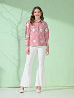 Myshka Women's Causal Shirt Style Embroidered Top Pink Color