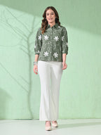 Myshka Women's Causal Printed Shirt Style Embroidered Top Olive Color