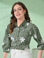 Myshka Women's Causal Printed Shirt Style Embroidered Top Olive Color