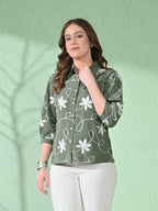 Myshka Women's Causal Printed Shirt Style Embroidered Top Olive Color