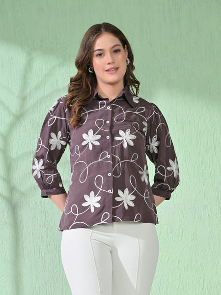 Myshka Women's Causal Printed Shirt Style Embroidered Top Brown Color