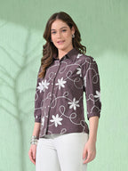 Myshka Women's Causal Printed Shirt Style Embroidered Top Brown Color