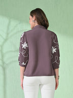 Myshka Women's Causal Printed Shirt Style Embroidered Top Brown Color