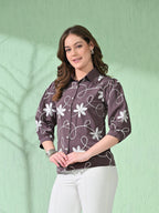 Myshka Women's Causal Printed Shirt Style Embroidered Top Brown Color