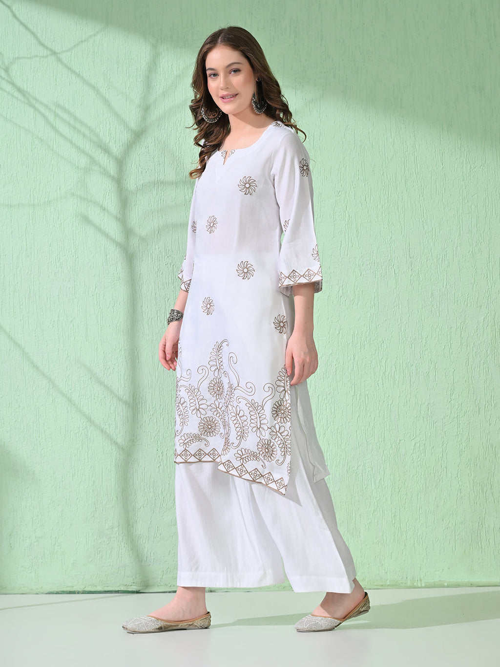 Myshka Women's Embroidered Calf Length White Kurta With Palazzo
