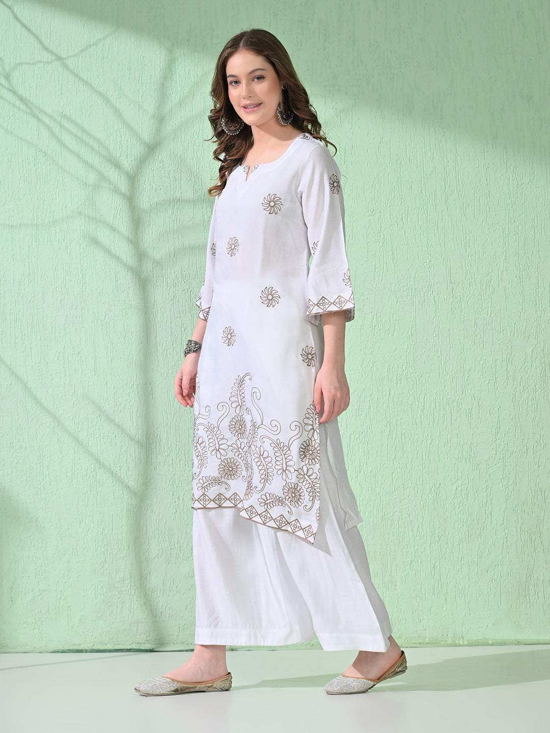 Myshka Women's Embroidered Calf Length White Kurta With Palazzo