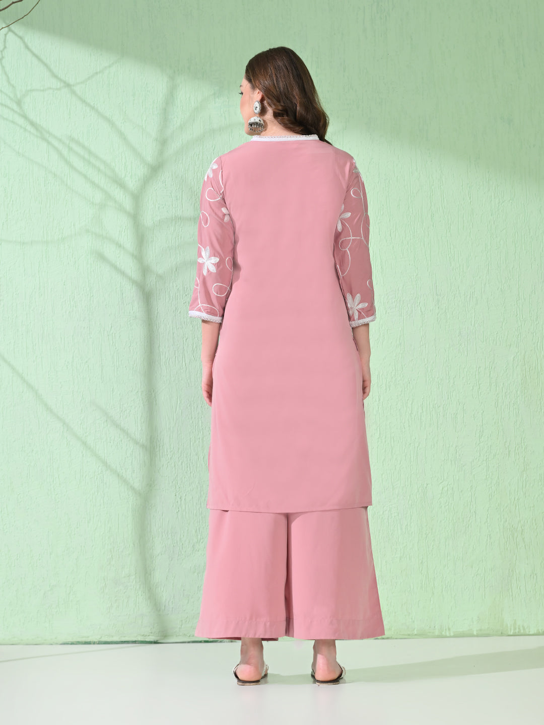 Myshka Women's Embroidered Calf Length Pink Kurta With Palazzo